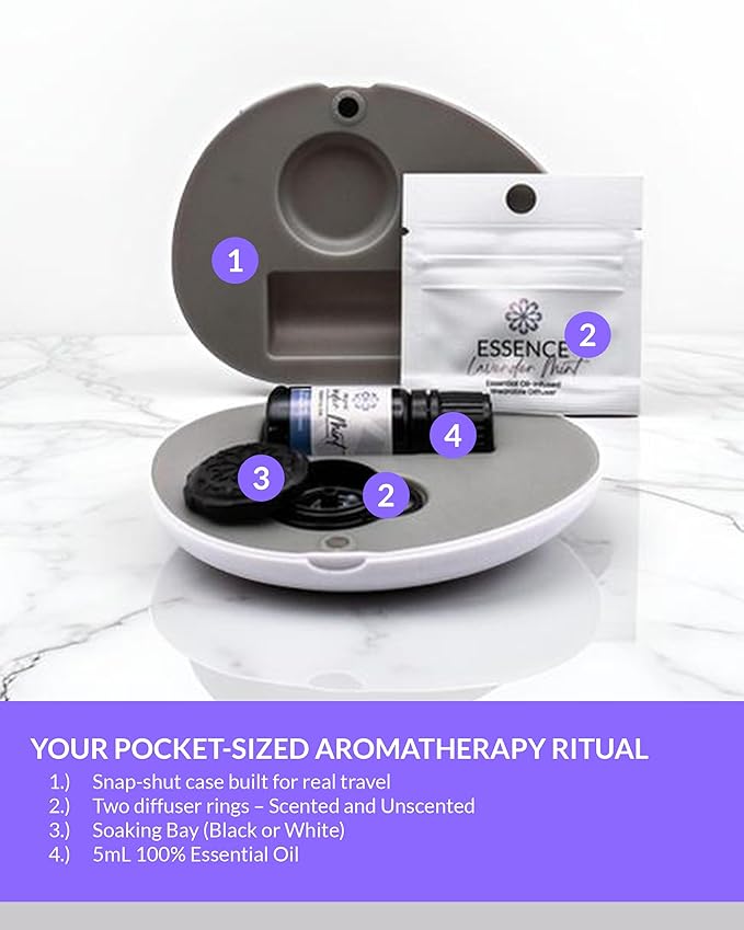 Essence Pearl Travel Case - Wearable Aromatherapy Kit with Nasal Diffuser Rings, Soaking Bay, and 5mL Essential Oil – Portable Wellness Gift Set for On?The?Go Self Care