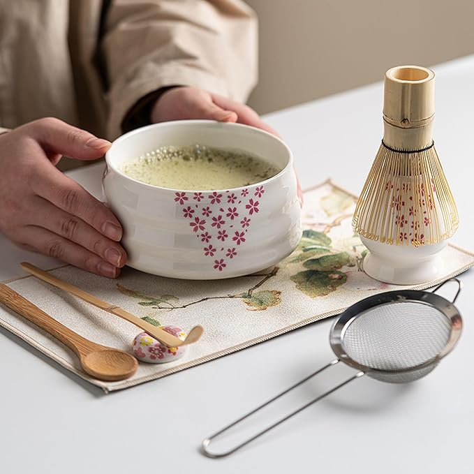Ceramic Matcha Whisk Set, Complete Matcha Set-8PCS for Ceremonial Grade Matcha, Tea Gifts for Tea Lovers for Christmas, Birthday, Halloween (Petal)