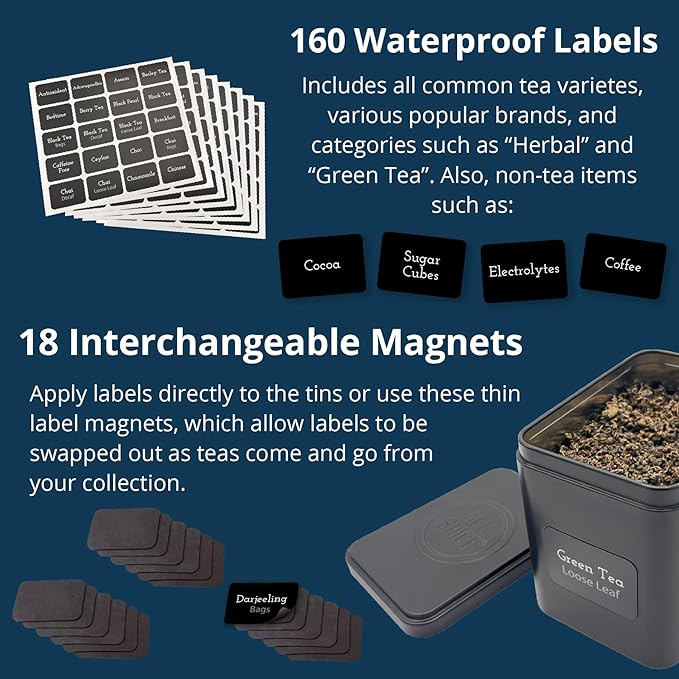 AllSpice Tea Organizer Rack with 9 Tins & 160 Magnetic Labels – Perfect for Bagged & Loose Leaf Tea Organization - Cherry