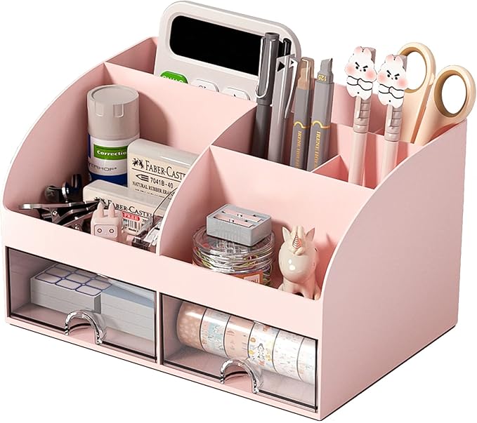 Desk Organizer with 6 Compartments and 2 Drawers, Plastic Makeup Organizer, Pen Holder for Desktop Storage, Desk Organization for School, Home, Office Supplies (Pink)