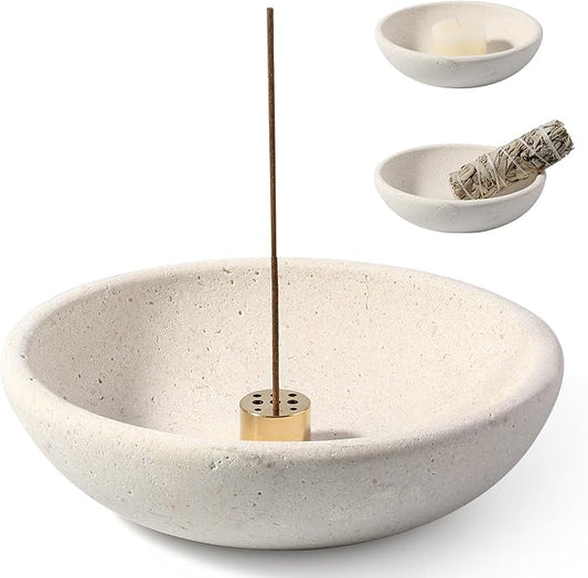 Koville Natural Marble Incense Holder, Incense Holder for Sticks with 9 Holes, Handmade Incense Burner Ash Catcher for Meditation Yoga SPA, Balsam Fir/Palo Santo/Sage/Cone (Lymra Limestone)