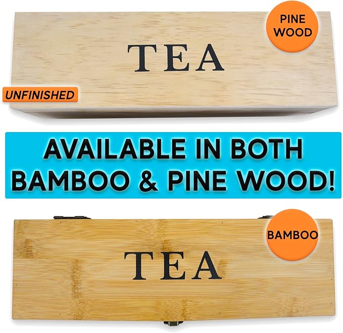 Bamboo Tea Organizer Box Chemical Free Eco-Friendly Big, Tall, Adjustable Cubbies Natural Wooden Storage Chest (4-Slot Across 14.3"x 4.4" x 4.2")