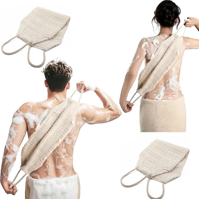 Natural Sisal & Ramie Exfoliating Back Scrubber for Shower with Handle - Deep Cleanse Back Scrubber, Scrub Spa Tool for Glowing Skin & Whole Body Care
