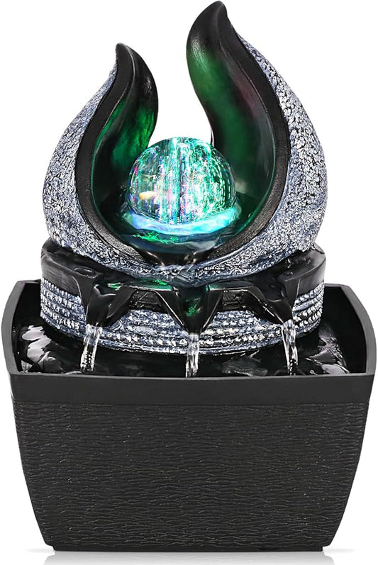 Tabletop Water Fountains Indoor, 3 Gears Desktop Fountain with Led Rolling Ball, Table Top Small Water Feature Interior Zen Relaxation Decor for Home Bedroom Living Room Office Apartment