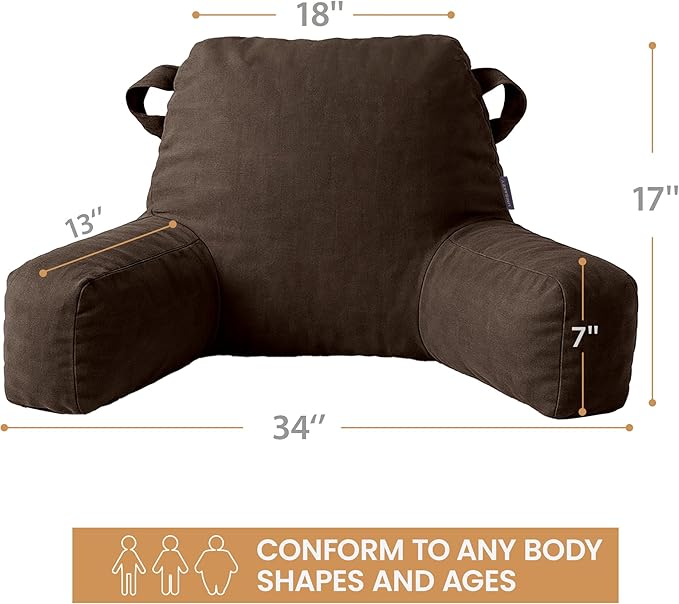 Portable Comfy Reading Pillows for Bed Sitting Up(Brown Oeko-Tex), Velvet Back Pillow with Arms & Pockets for Adults, Support Memory Foam Bed Pillow for Dorm/Reading/Watching/Gaming