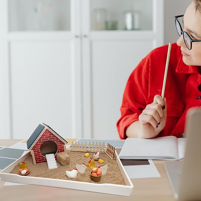 Threeheng Chicken Zen Garden Kit - Sand Tray Therapy Kit with Miniature Chicken Coop, Hen Figurines, and Accessories - Desk Sand Box for Meditation and Stress Relief - Fun Gift