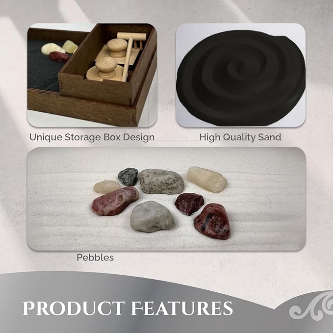 Wooden Zen Garden with Accessories Box | Moonless Night Black Sand with Rake & Accessories | Minimalist Decor Gift for Relaxation | Great for Storing Tools and Other Items
