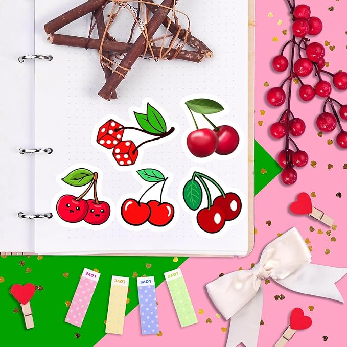 BulbaCraft Cherry Stickers for Water Bottle and Laptop - Fruit Party Favors & Decorations, Waterproof Vinyl Nature Decals, Cute Cherry Stickers Laptop Decals, Gifts for Women & Men