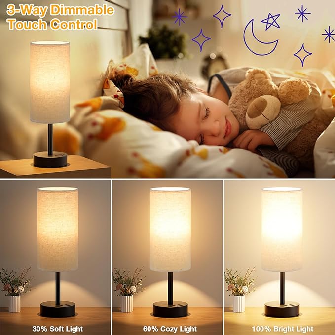 Beige Touch Lamp for Bedroom with USB - 3 Way Dimmable Table Lamp for Nightstand, Small Lamp with Black Charging Station for Desk Dorm, Office, Nursery