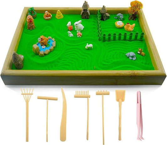 33 Pcs Zen Garden For Desk，Mini Zen Garden，Japanese-Style Home Gift Set Featuring A Wooden Tray With Rake-Shaped Mini Ornaments, Perfect For Desk Decoration, Bedroom Nightstands, And More.