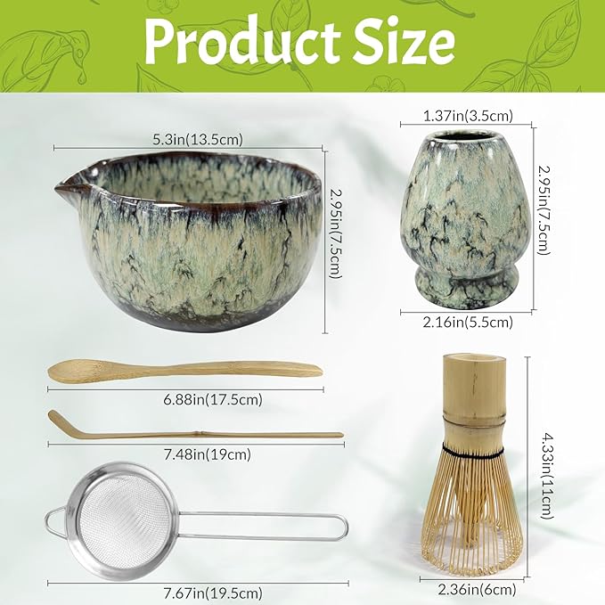 Matcha Whisk Set 6 pc Kit - Traditional Japanese Chasen, Bamboo Whisk Holder, Ceramic Bowl with Spout, Sifter & 2 pc Spoons - matcha kit set, Gift for Matcha Tea Lovers(Quenching Blue)