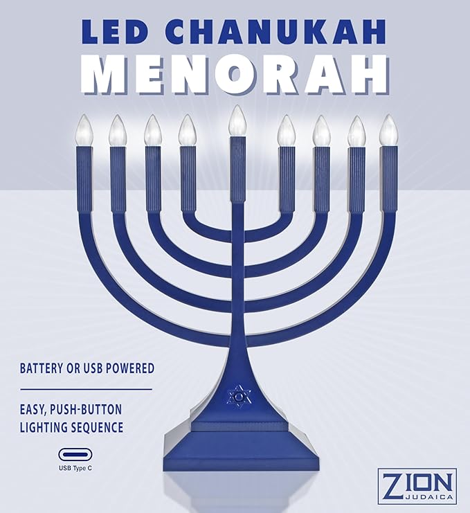 Zion Judaica 9" LED Hanukkah Menorah Blue Powered by Batteries or Included 3' USB C Cable Flameless Chanukkah Candles Holder LED Electric Minorah Bulbs Chanukah Decoration Lights Hanukkiah