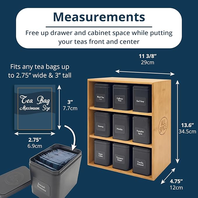 AllSpice Tea Organizer Rack with 9 Tins & 160 Magnetic Labels – Perfect for Bagged & Loose Leaf Tea Organization - Bamboo