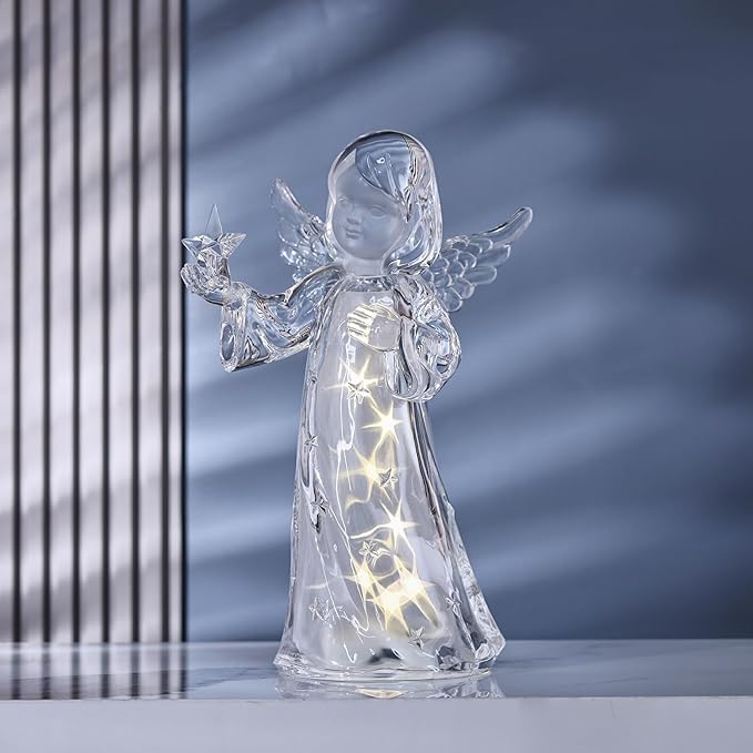Acrylic Clear Guardian Angel Figurines with LED Light, Crystal Glass Finish Angel Statue, Large Christmas Angels Gifts for Women, Healing Angels Figurines Decorations(Star)