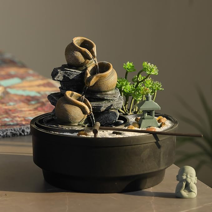 Tabletop Water Fountain with LED Lights & Pagoda, 3 Tiers Crocks Cascading Design,Artificial Flowers, White Stones and Rake, Zen Decor for Office/Living Room/Bedroom/Study (8.5" H)