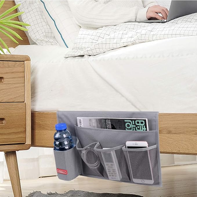 Bedside Caddy,5 Pockets Bedside Organizer Caddy Under Mattress,Holds Water Bottles,Magazines,Books (Dark Grey)