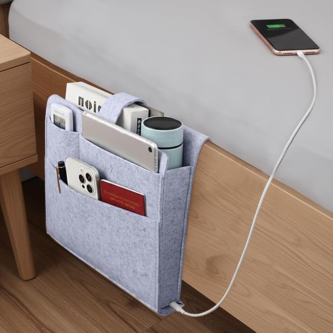 Seefoo Bed Caddy Organizer, Bunk Bed Shelf Caddy with 4 Pockets, Easy Storage as Books, Remotes, Magazine Holder, Sturdy Bedside Organizer for Bed, Bunk, Dorm, Sofa Grey