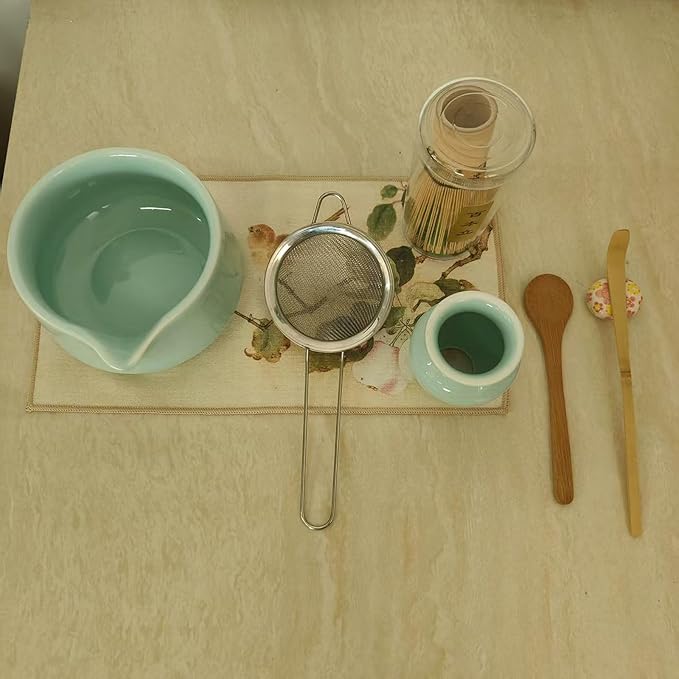 Ceramic Matcha Whisk Set, Complete Matcha Set-8PCS for Ceremonial Grade Matcha, Tea Gifts for Tea Lovers for Christmas, Birthday, Halloween (Emerald)