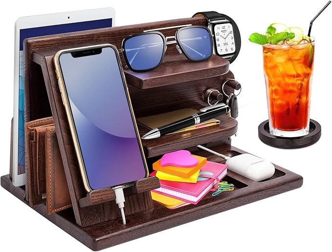 Wood Phone Docking Station - Gifts for Men Desk or Nightstand Organizer - Birthday Gifts for Husband, Fathers Day for Dad - Anniversary Idea from Wife - Key Holder, Stand Wallet, Watch & Essentials