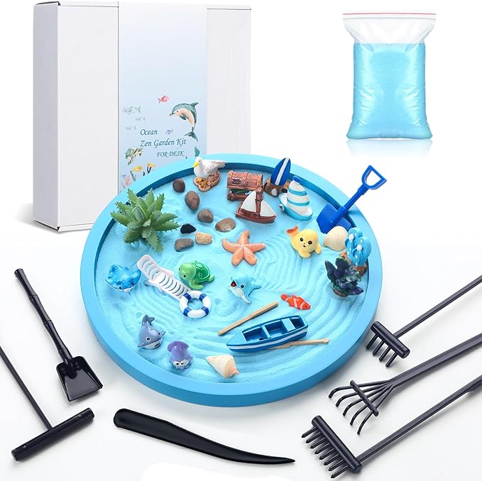 37 Pcs Ocean Zen Garden Kit for Desk 10 x 10 Inches Japanese Beach Sea Decoration Mini Zen DIY Gifts Set with Mini Decorative Tools Blue Tray and Sand for Desktop Meditation Accessories