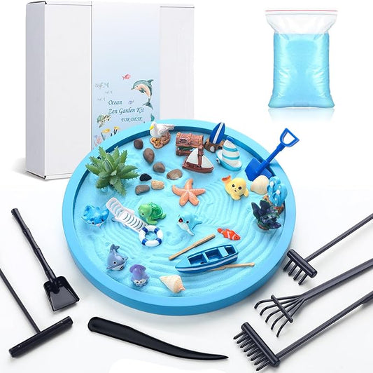 37 Pcs Ocean Zen Garden Kit for Desk 10 x 10 Inches Japanese Beach Sea Decoration Mini Zen DIY Gifts Set with Mini Decorative Tools Blue Tray and Sand for Desktop Meditation Accessories