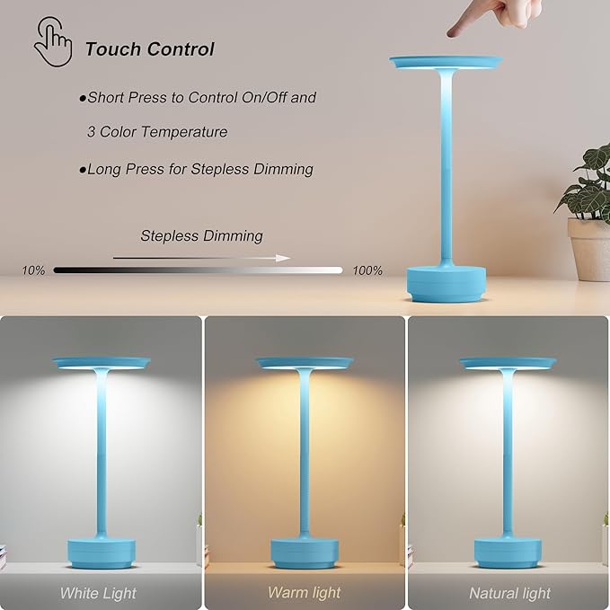 2 Pack Rechargeable Cordless Table Lamps, Portable 5000mAh Outdoor Table Light, 3 Color Stepless Dimming LED Table Lamp with Memory Function, for Home/Dinner/Patio/Restaurant.(Blue)