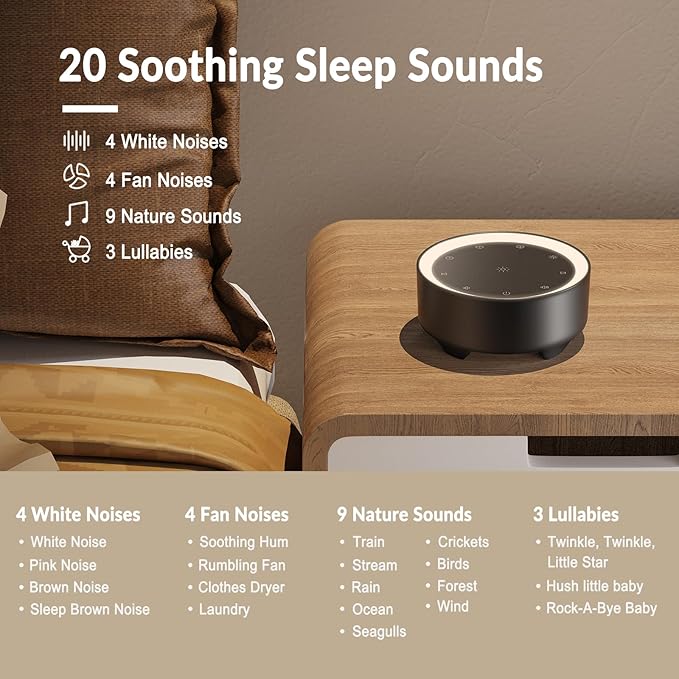 Kipcush Sound Machine & Night Light for Adults, Baby, Kids. White Noise Machine with 20 Soothing Sleep Sounds. Small Size & Portable Design for Bedroom (Black, Small)