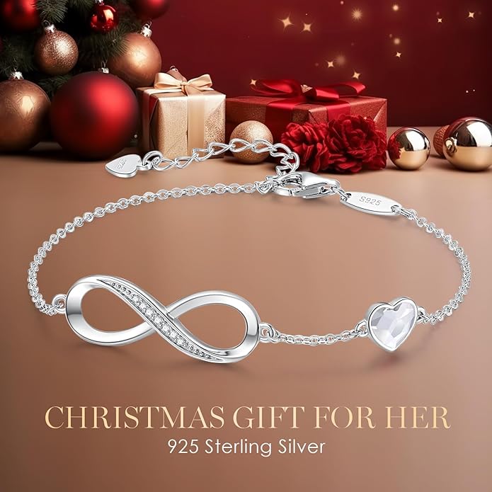 CDE Infinity Heart Birthstone Charm Link Bracelet for Women 925 Sterling Silver Adjustable Mother's Day Gift Anniversary Birthday Jewelry for Wife Girlfriend Her