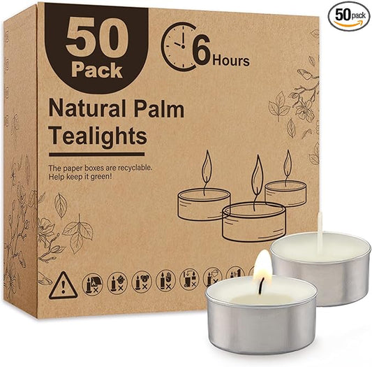 Unscented Palm Tea Lights Candles 50 Pack Bulk, 6 to 7 Hours Long Burning White Tea Lights,Non-Paraffin, Smokeless, Mini Tealight Candles for Wedding, Christmas Lights, Party, Power Outages
