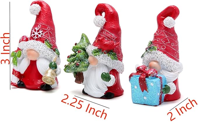 Hodao Christmas Gnome Decorations Set of 3 - Hand-Painted Resin Santa Gnomes with Candy Cane, Christmas Tree & Gift Box, Holiday Home Decor for Tiered Tray, Mantel, Tabletop, Windowsill