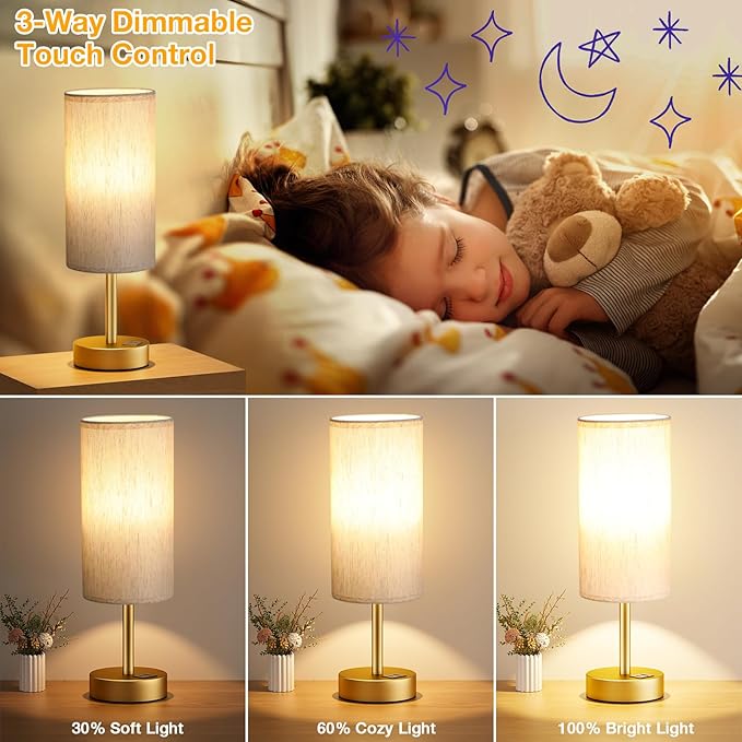 Small Touch Bedside Lamp with USB - 3 Way Dimmable Gold Table Lamp for Bedroom, Nightstand Lamp with Gold Charging Station for Desk Dorm, Office