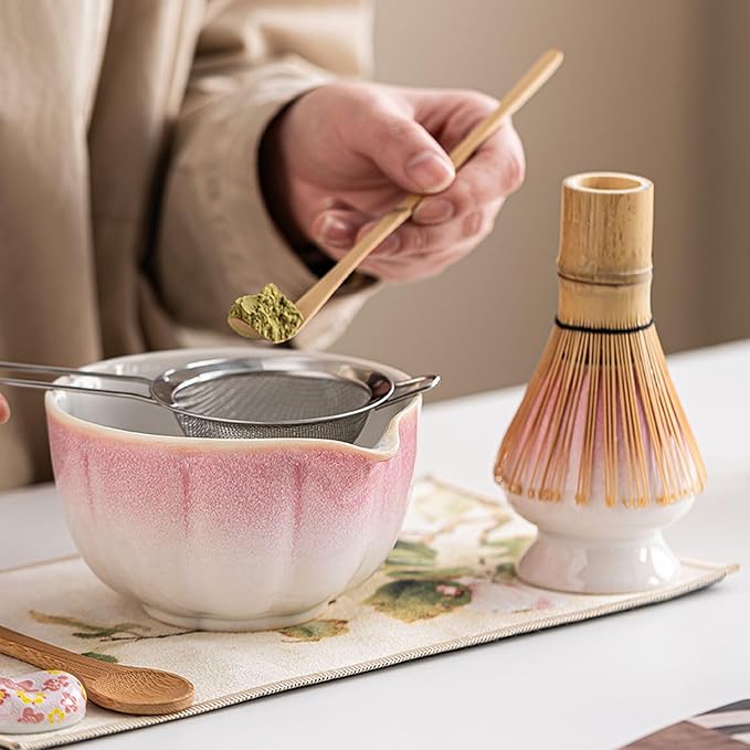 Ceramic Matcha Whisk Set, Complete Matcha Set-8PCS for Ceremonial Grade Matcha, Tea Gifts for Tea Lovers for Christmas, Birthday, Halloween (Cherry Blossom Pink)