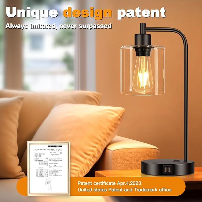 Set of 2 Industrial Touch Control Table Lamps with 2 USB Ports and AC Outlet - 3-Way Dimmable Black Bedside Lamps Nightstand Desk Lamps for Bedroom Living Room, Glass Shade & 2 LED Bulbs Included