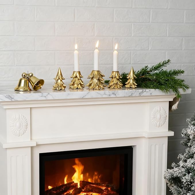 Christmas Table Decorations, Vintage Xmas Golden Resin Tree Candle Holders Set, Combined into Golden Tabletop Pine Tree for Holiday Wedding Party Mantle Fireplace Dining Room Centerpieces