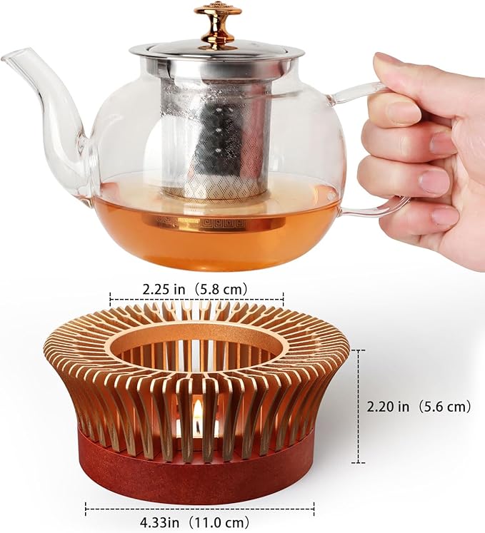 Tea Warmer with Magnolia Flower Design, JUKFITA Golden Aluminum Alloy & Wood Teapot Warmer, Short