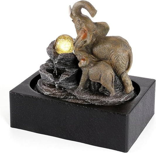WICHEMI Water Fountains Indoor Waterfall Fountain Tabletop Fountain Water Feature Indoor Zen Garden Elephant Fountain with LED Warm Light for Home and Office Indoor Spaces Decor