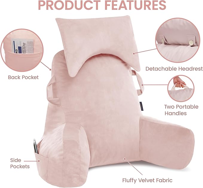 Portable Reading Pillows with Headrest for Bed Sitting Up(Pink Oeko-Tex), Velvet Back Pillow with Arms & Pockets for Adults, Support Memory Foam Bed Pillow for Dorm/Reading/Watching/Gaming