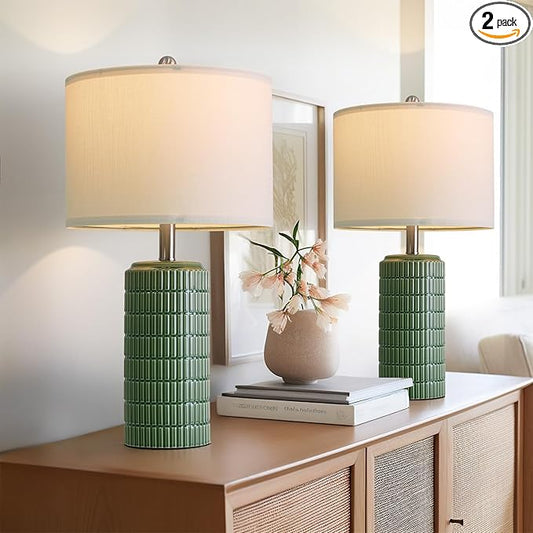 PoKat 23" Dark Green Ceramic Table Lamps Set of 2, Modern Table Lamps for Living Room, Farmhouse Lamps for Bedroom Night Stands, Traditional Nightstand Desk Decor Lamps