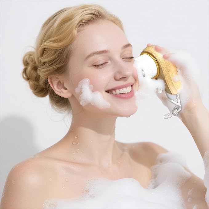 Readaeer Bamboo Bath Brush Set, Long Handles with 2 Removable Brush Heads, Bristle Bristles/Wood Massage Particles, Fine Soft Brush, 3 Brush Heads