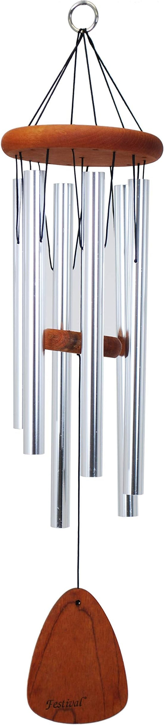 Festival 24-inch Redwood Wind Chime w/Customization in Silver by Wind River for Patio, Backyard, Garden, and Outdoor décor. Made in The USA