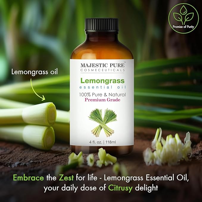 Majestic Pure Essential Oil with Glass Dropper - 100% Pure and Natural - Essential Oils for Diffuser, Aromatherapy, Soap and Candle Making, Lemongrass Essential Oil, Lemongrass Oil, 4 Fl Oz Pack of 2