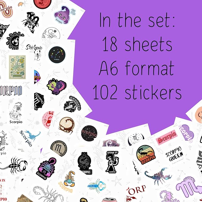 BulbaCraft 100Pcs Laptop Stickers Scorpio (Zodiac) for Water Bottle and Laptop - Scorpio Party Favors & Decorations, Waterproof Vinyl Astrology Decals, Gifts for Women & Men