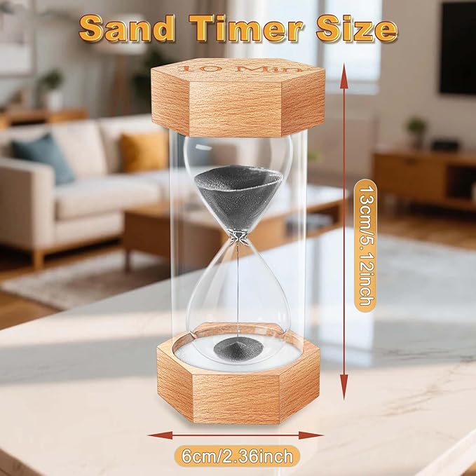 Hourglass Sand Timer 10 Minute, Natural Wood Grain Hexagonal Hour Glass Blaçk Sand Clock, Reloj De Arena, Wooden Sandglass Sand Watch 10 Min for Kids Rustic Desk Decor, Office, Game, Classroom