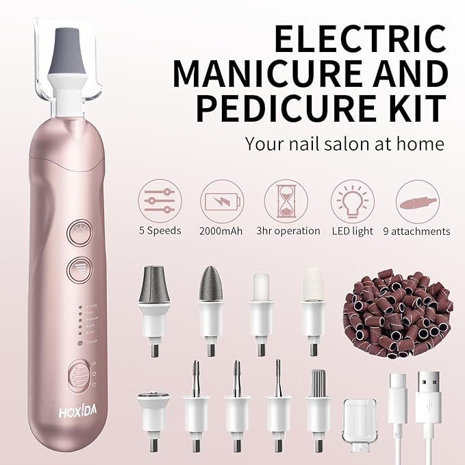 Manicure Pedicure Kit with Case, Professional Nail Grinder for Senior Thick Toenail, Cordless Electric Nail File, 5 Speeds Pedicure Tools for feet Callus Remover, Nail Drill for Women Hand Feet Care