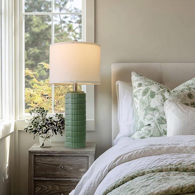 PoKat 27.5" Dark Green Ceramic Table Lamps for Living Room, Farmhouse Table Lamps Set of 2 for Bedroom Night Stands, Modern Bedside Lamps for End Side Table, Vintage Nightstand Decor Lamps Home Office