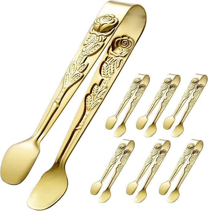 6PCS Mini Serving Tongs 4 Inches Small Rose Sugar Cube Tongs (Gold)