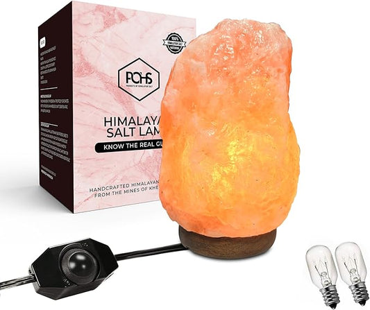 POHS 8-10 Inches (7-11 lb) 100% Authentic Himalayan Pink Salt Lamp – Handcrafted with Dimmable Switch, Wooden Base, and Bulb Replacement Included