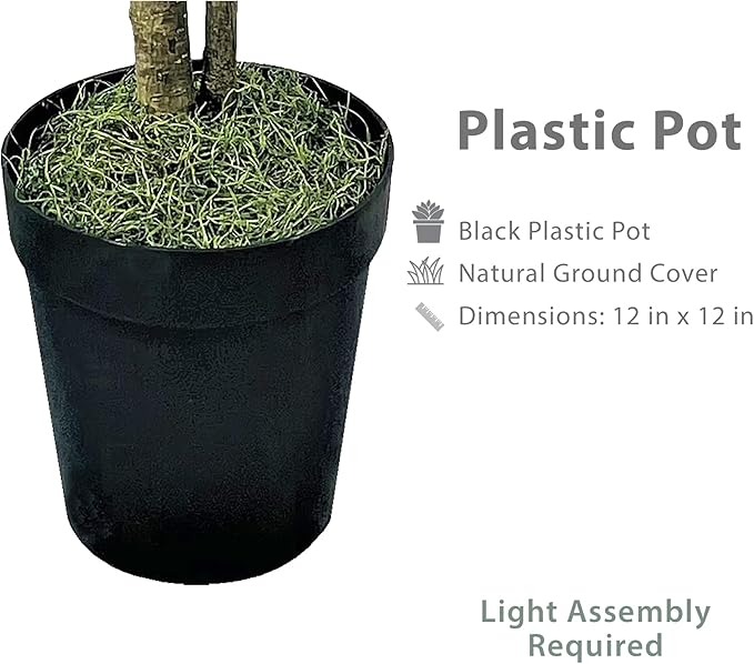 Artificial Ficus Tree in Black Plastic Pot - Real Wood Trunk, Preassembled, No Maintenance Indoor Faux Plant - Living Room, Home & Office Decor (6ft Tall)