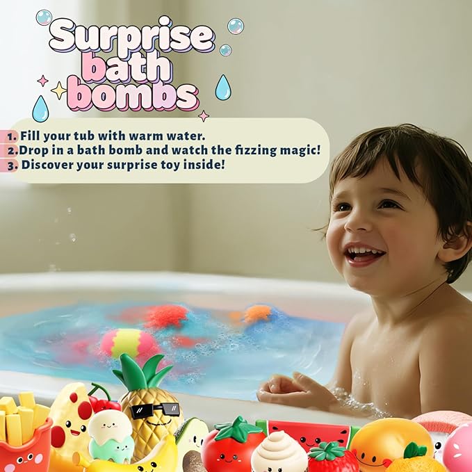 Kids Bath Bombs with Food Toys Inside, 16 Pack Colorful Surprise Bath Fizzies Set, Organic Fizzy Bubble Bath Bombs for Girls & Boys, Ages 3+