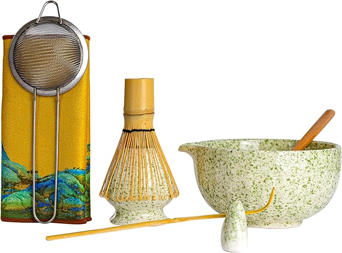 Matcha Whisk Set, Green Speckled Ceramic Matcha Bowl with Spout, Bamboo Whisk & Holder – 8-Piece Making Kit for Home, Yoga & Gifts – Matcha Lovers & Japanese Tea Culture